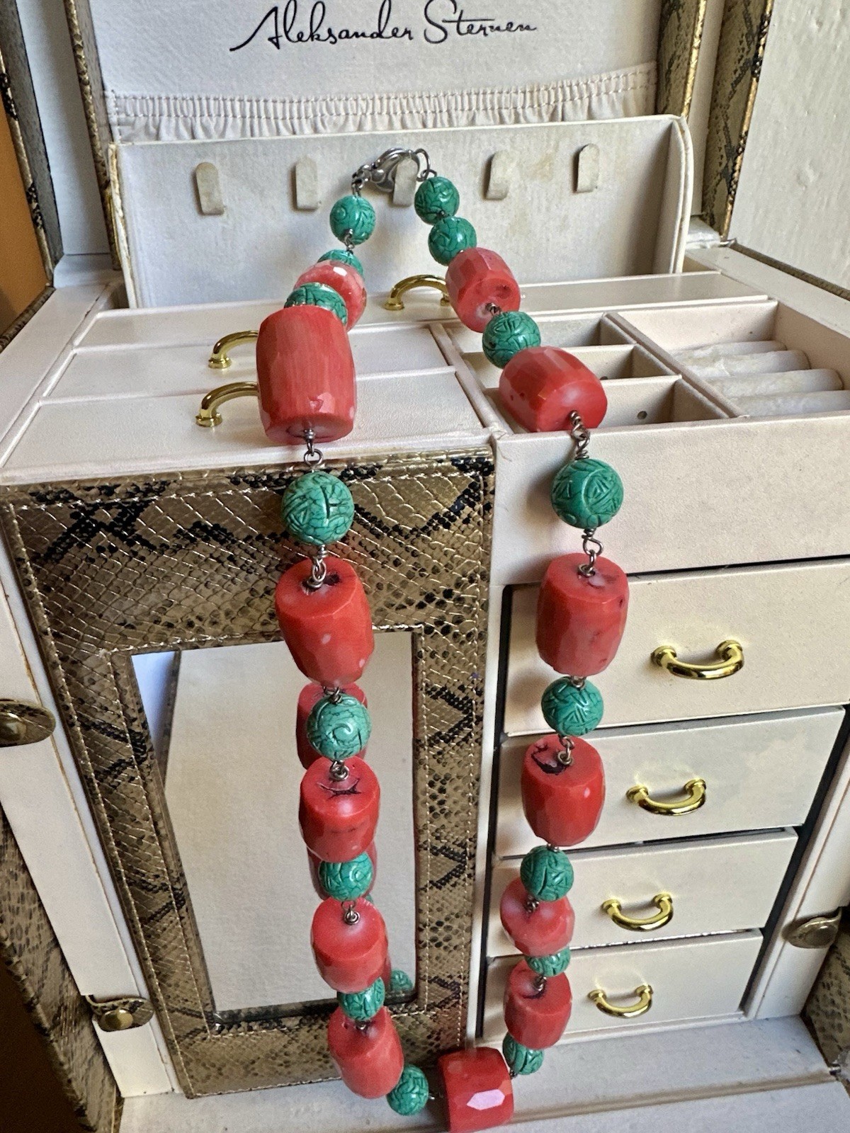 PINK CORAL NECKLACE MATCHING FACETED BEADS-TURQUOISE-SILVER 925-80 CM
