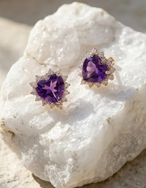 4ct Heart Simulated Purple Amethyst/Diamond Halo Stud Earring Rose Gold Plated