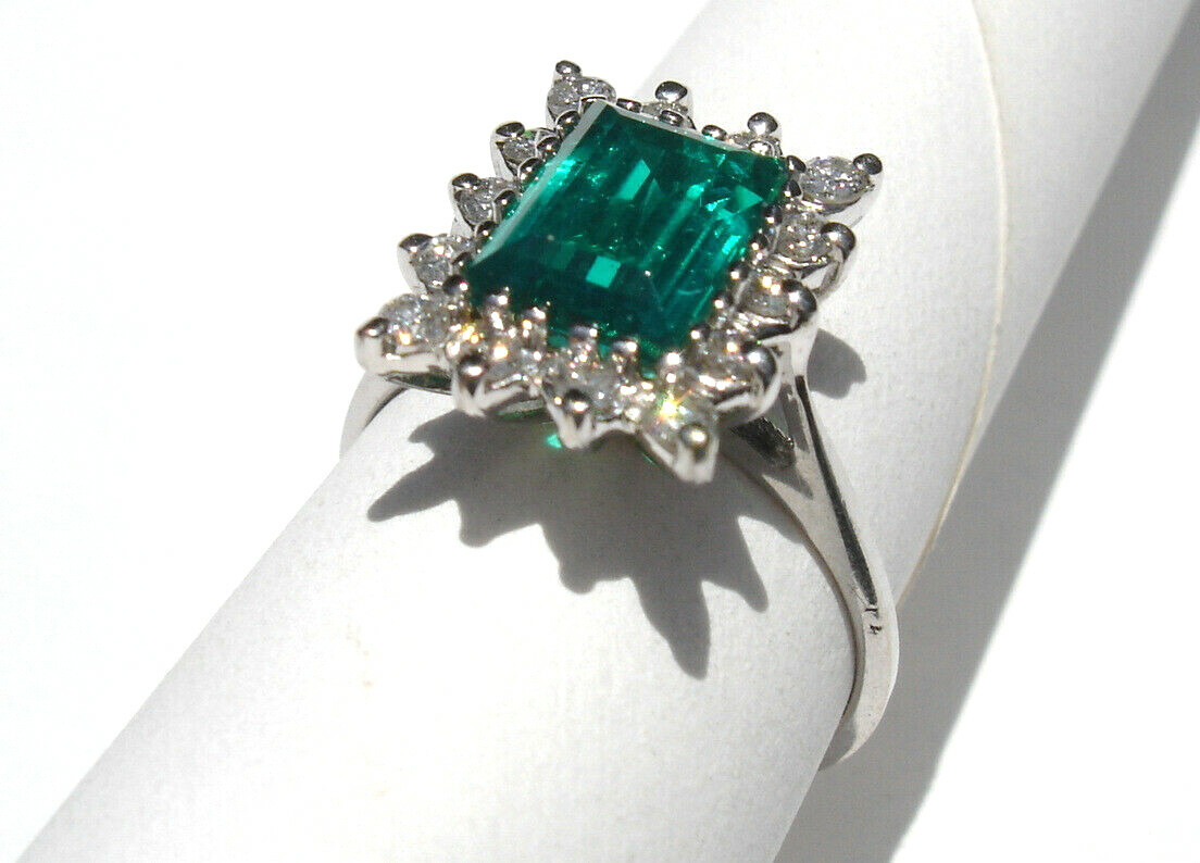 (1.51 Carat) EMERALD (.42 ctw) Diamond RING 14K white GOLD (Chatham lab created)