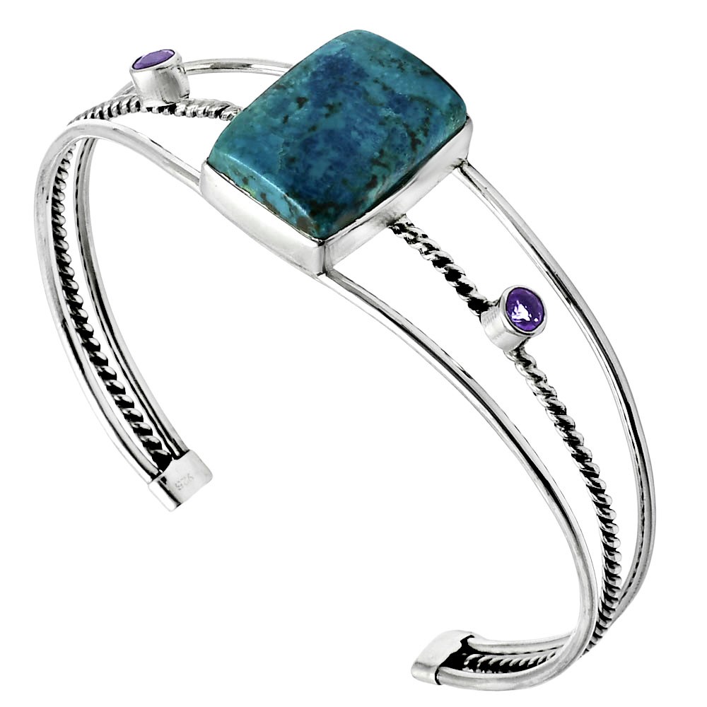 Premium Shattuckite & Amethyst 925 Silver Cuff Bangle Bracelet Jewelry B-1011
