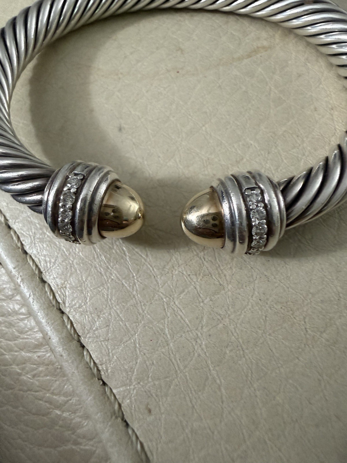 David Yurman Sterling Silver 18K Gold Diamond Cuff Bracelet 7 mm. Cable Classic