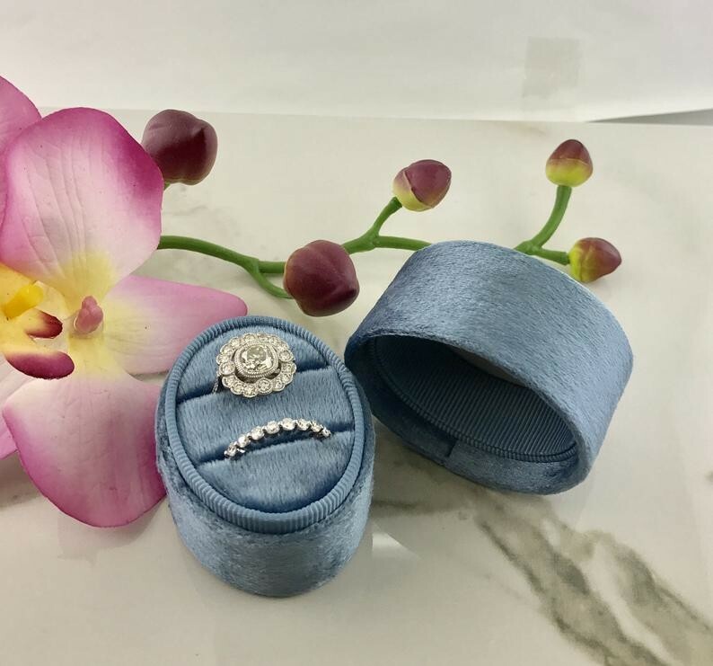 Oval Velvet Ring Box – Double Slots  Handmade Keepsake Vintage engagement Ring 