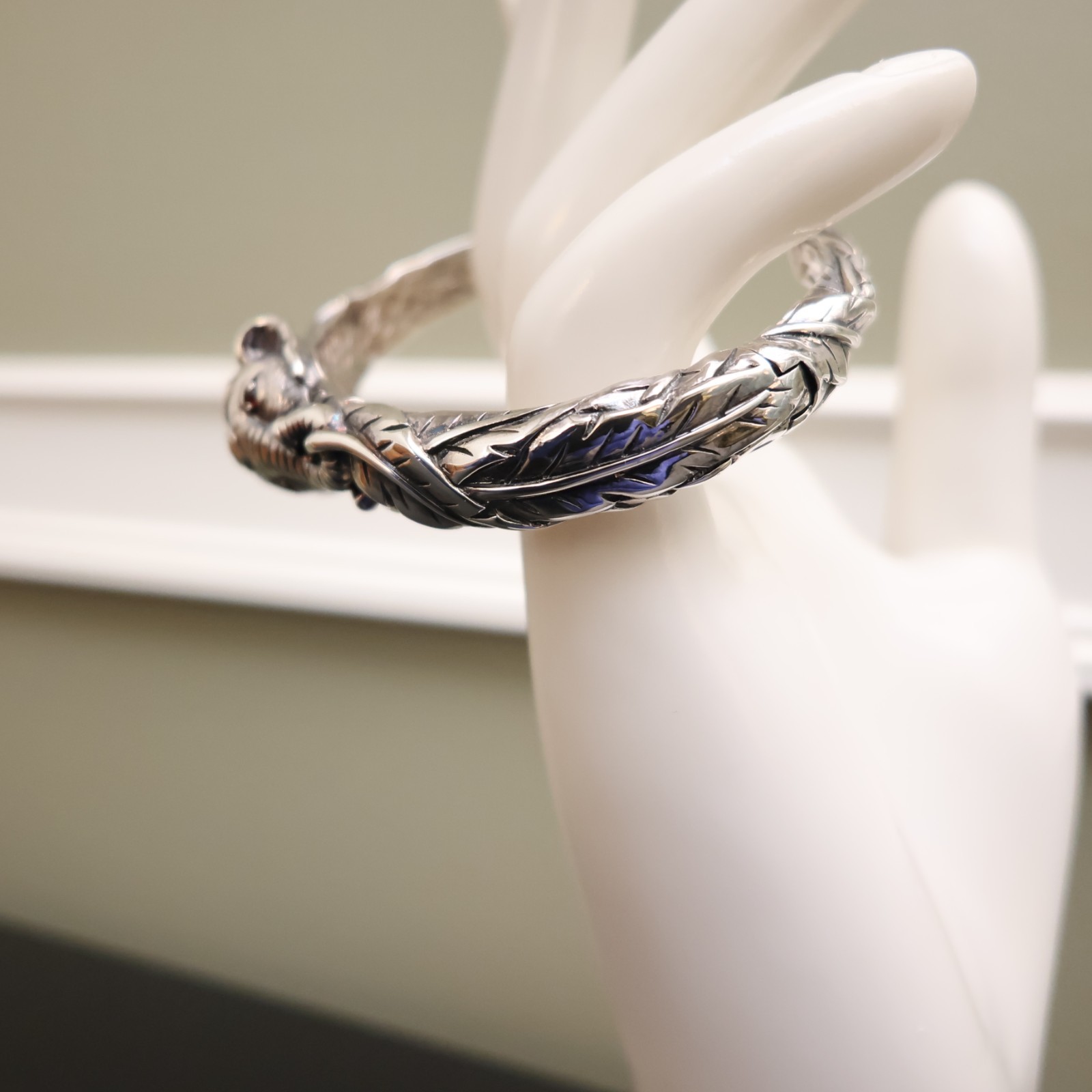 Jai bracelet elephant 925 sterling silver 14K gold hinged cuff garnets Sz 6.75in