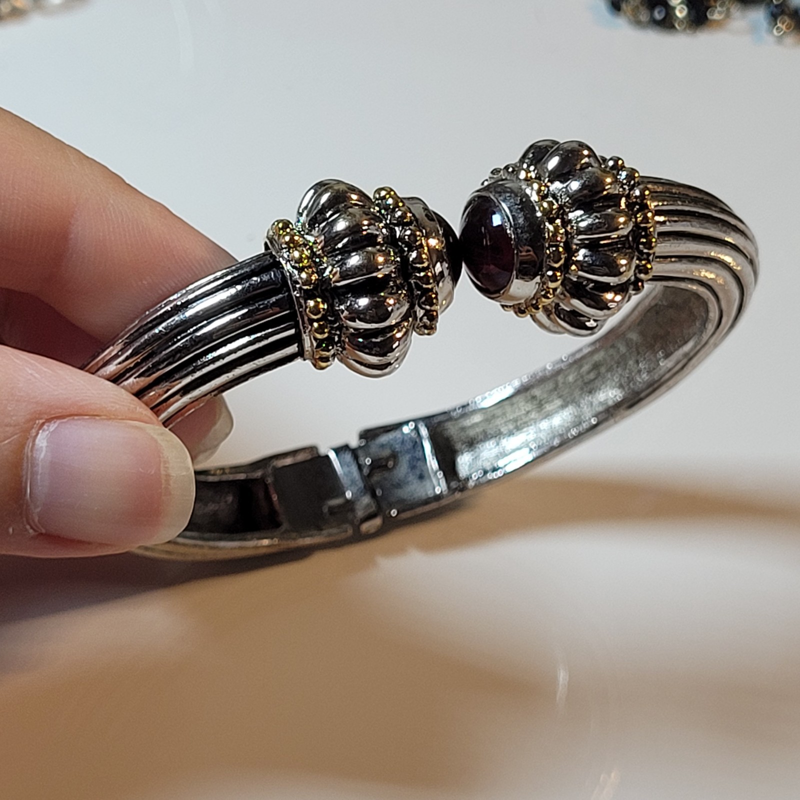 Vintage Heavy Silver And Gold Hinged Bangle Bracelet With Dark Burgundy Stones