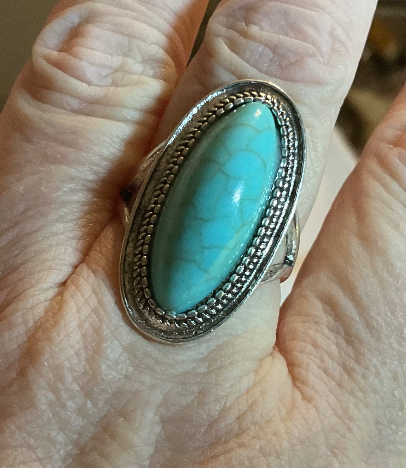 Brilliant Turquoise Howlite Silver Plated Ring SZ 9 Oval Statement 25x10mm NEW