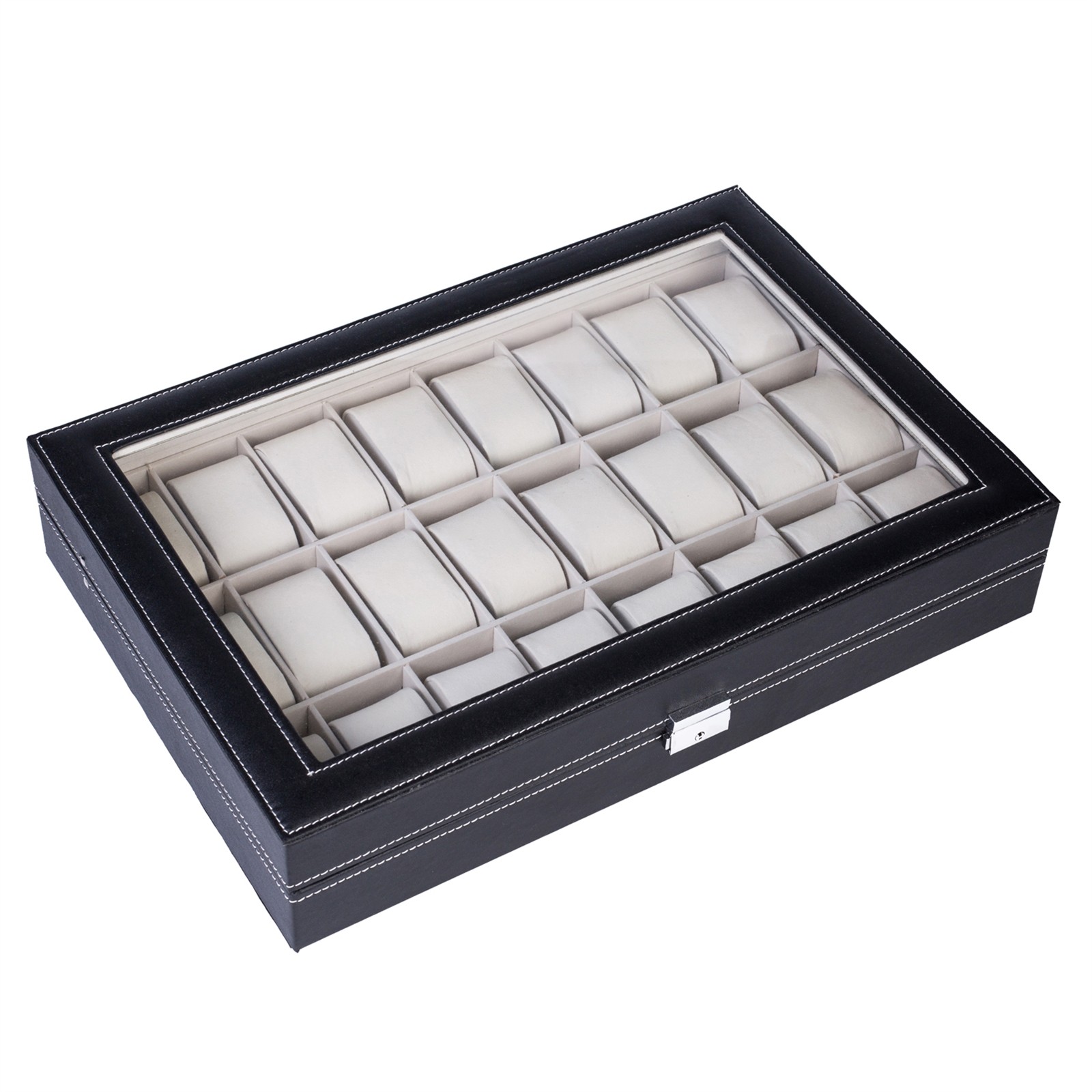 24 Compartments Top-level Opening Style Leather Watch Collection Box Black NEW