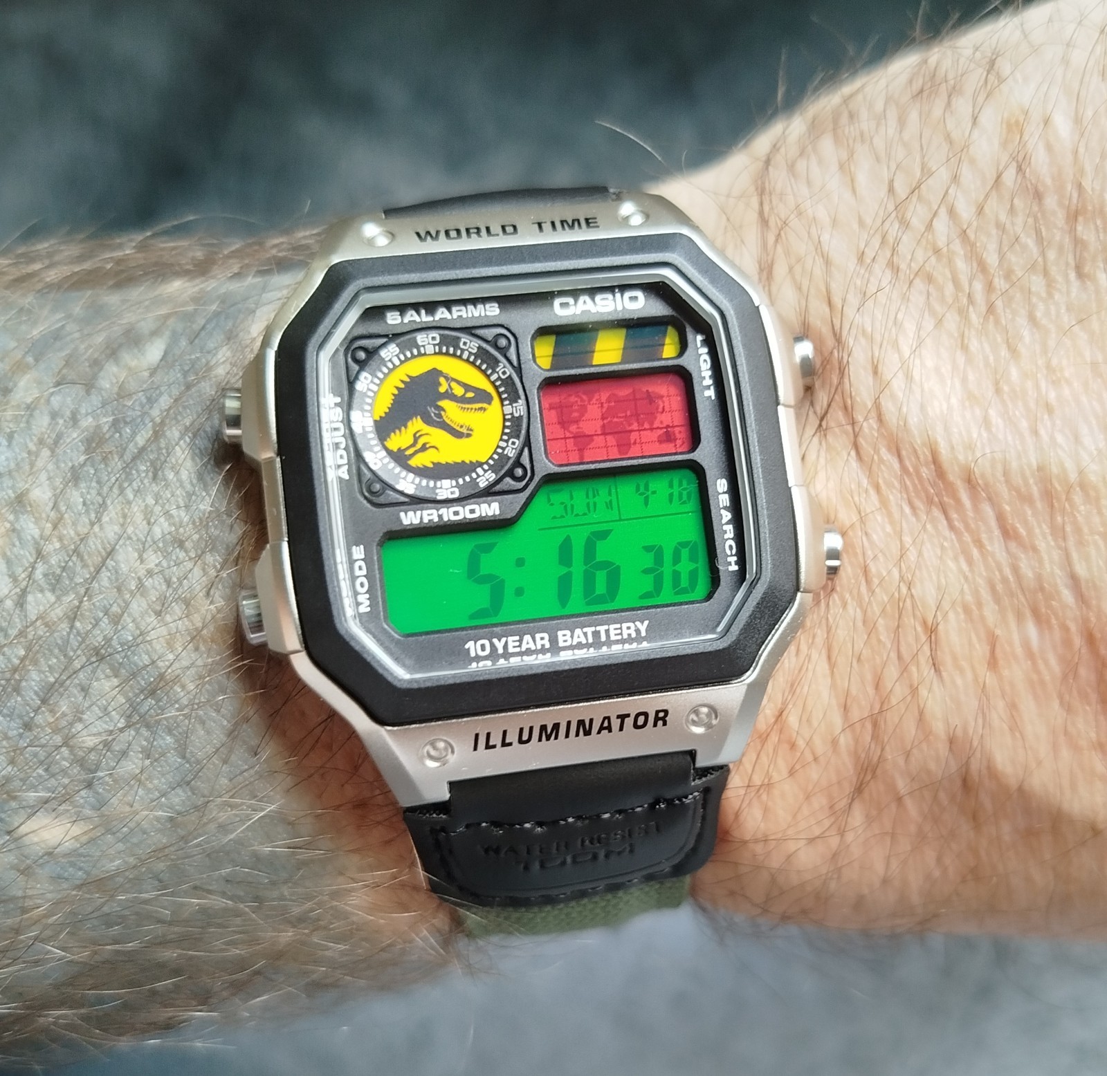 Custom Casio AE1200 World Time Jurassic Inspired Mod Green NATO Strap