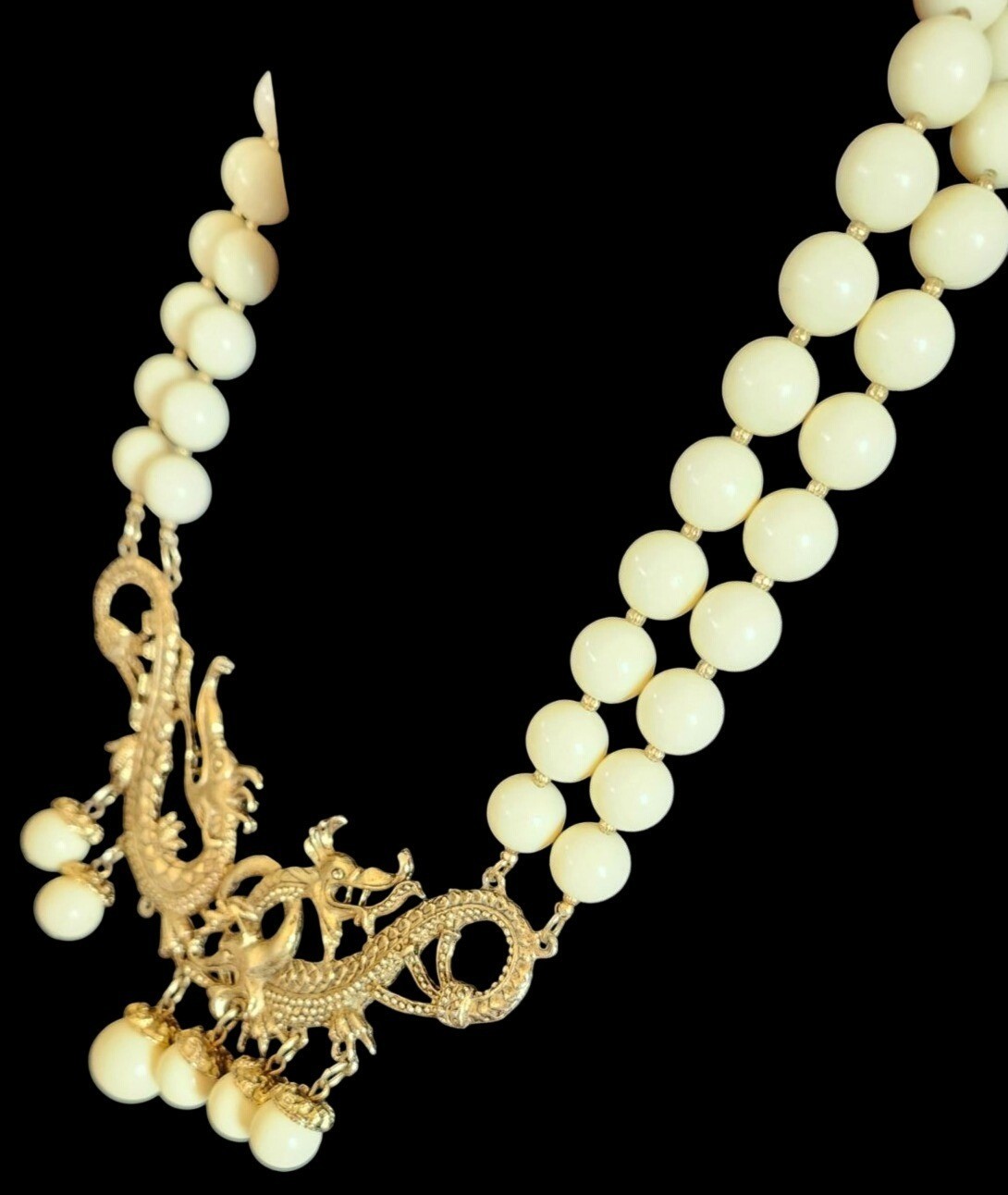 Vintage Asian Dragon Necklace Gold Tone Double Strand Bead Statement Bib Cream B