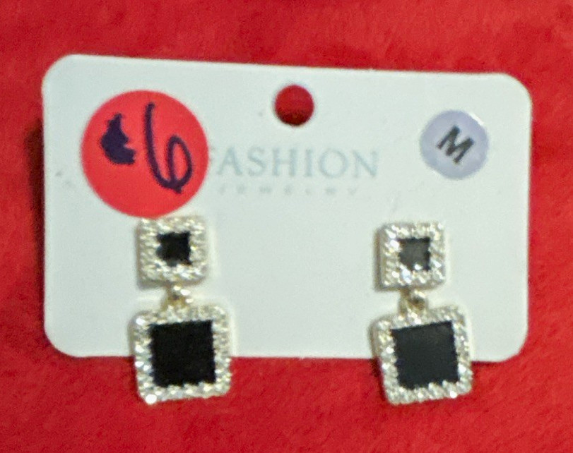 Gold Tone Black Square Rhinestone Dangle/Drop Stud Earrings Pair