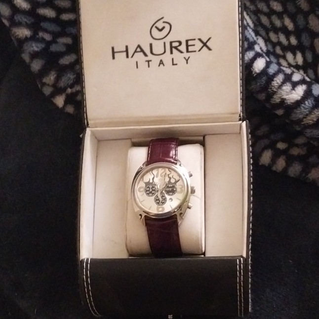 Haurex Flame Quartz Watch Date 24-Hour Brown Leather Strap 50m Box