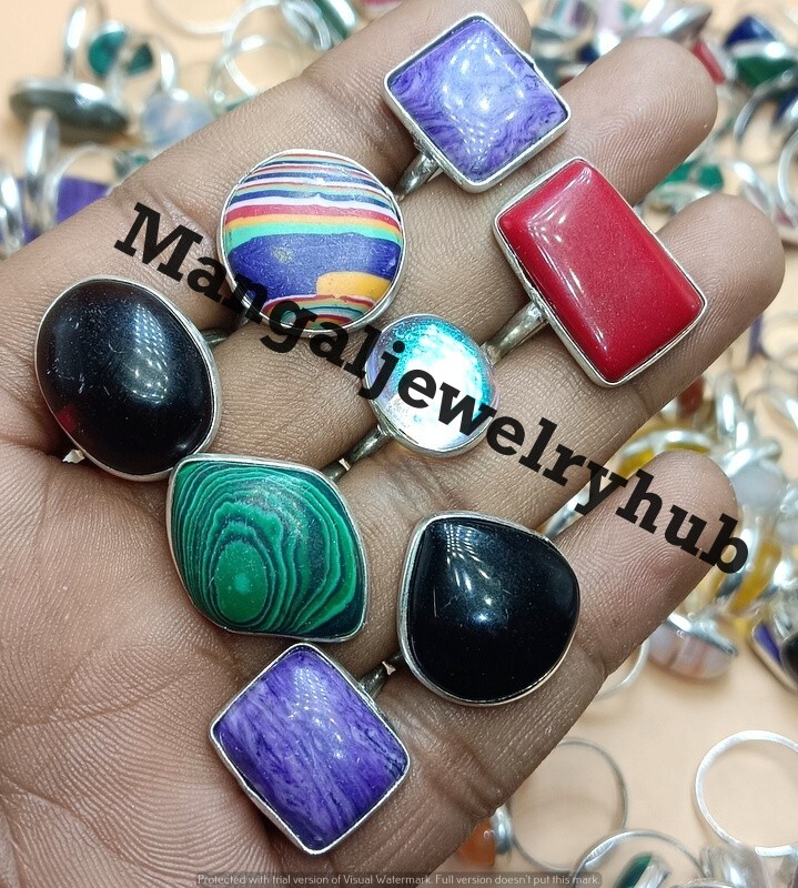 Ethnic Charoite & Mix Gemstone 10PCS Rings 925 Silver Plated Elegant Jewelry Lot