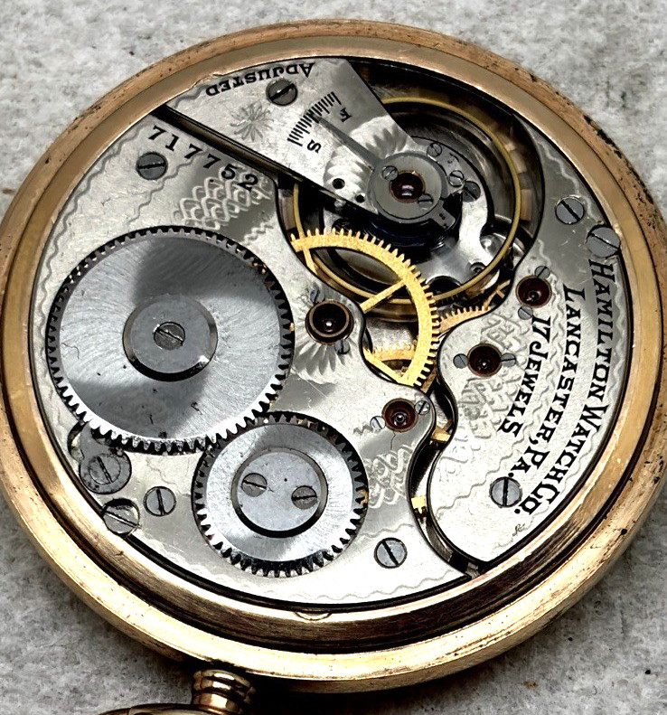 HAMILTON POCKET WATCH, 16S, 17J, GRADE 975, VTG 1909, GF CASE, SERVICED