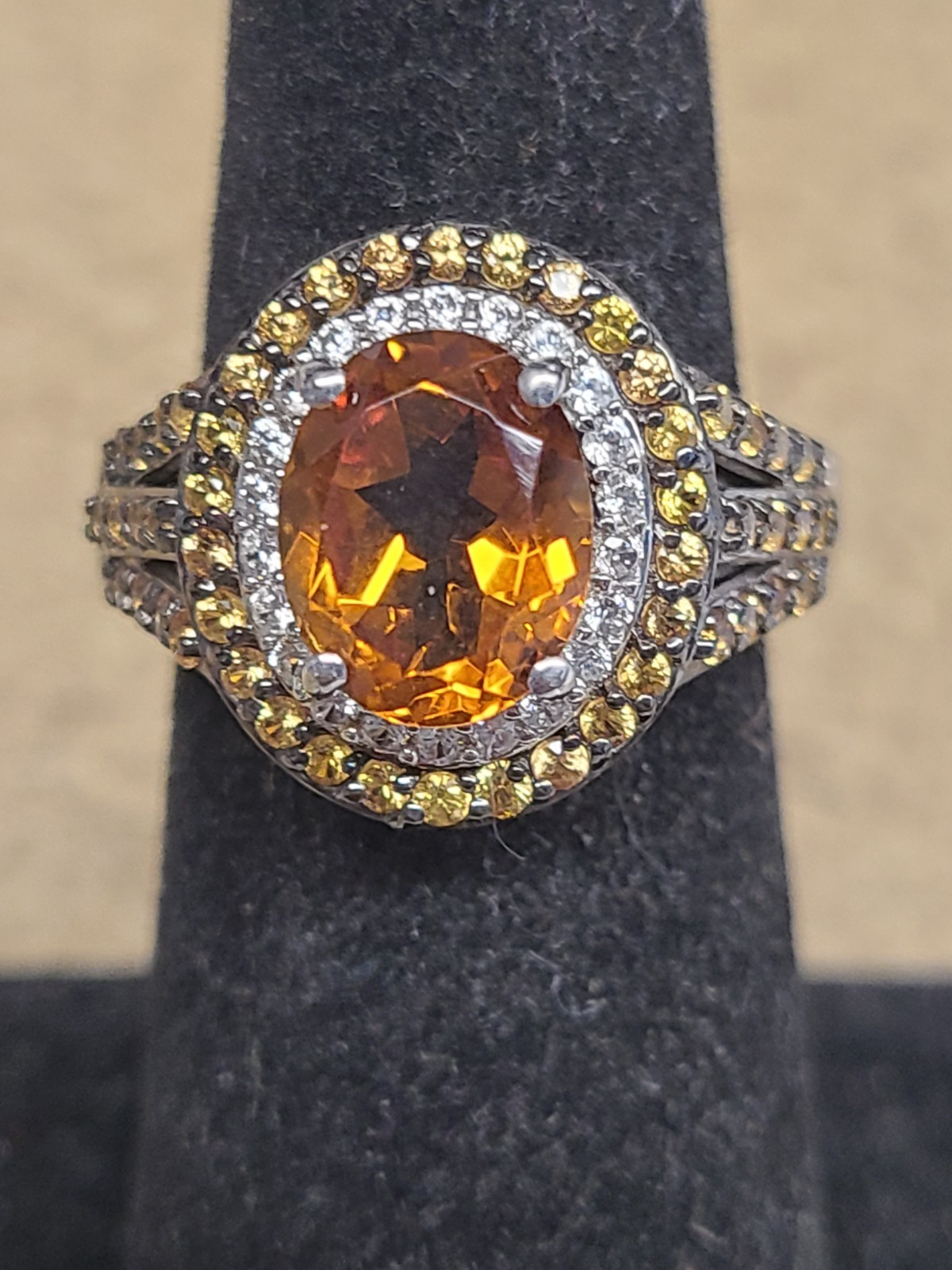 D’Joy Santa Ana Madeira Citrine and Multi Gemstone 3.85 ctw Solar Flare Halo Rin