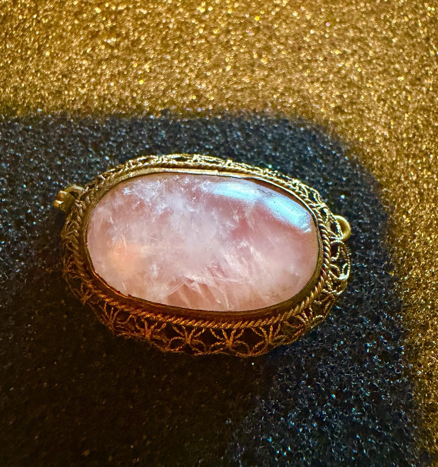 Vintage Mid- 20th Century Rose Pink Quartz Brass Tone Filigree