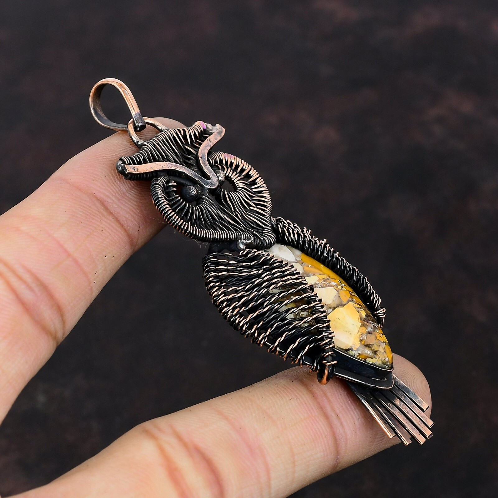 Brecciated Mookaite Jewelry Copper Mother Gift Wire Wrapped Owl Pendant 3.27″