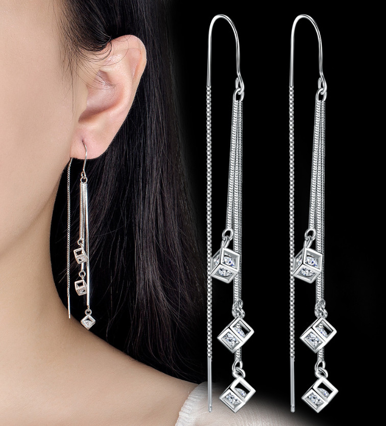 925 Silver Plated Square CZ Ear Chain Thread Pull Through Threader Earrings TH5