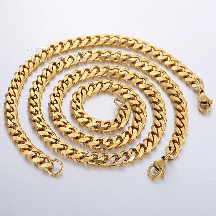 7MM Necklace Bracelet SET Stainless Steel Chain Gold Plated Cuban Link For MEN