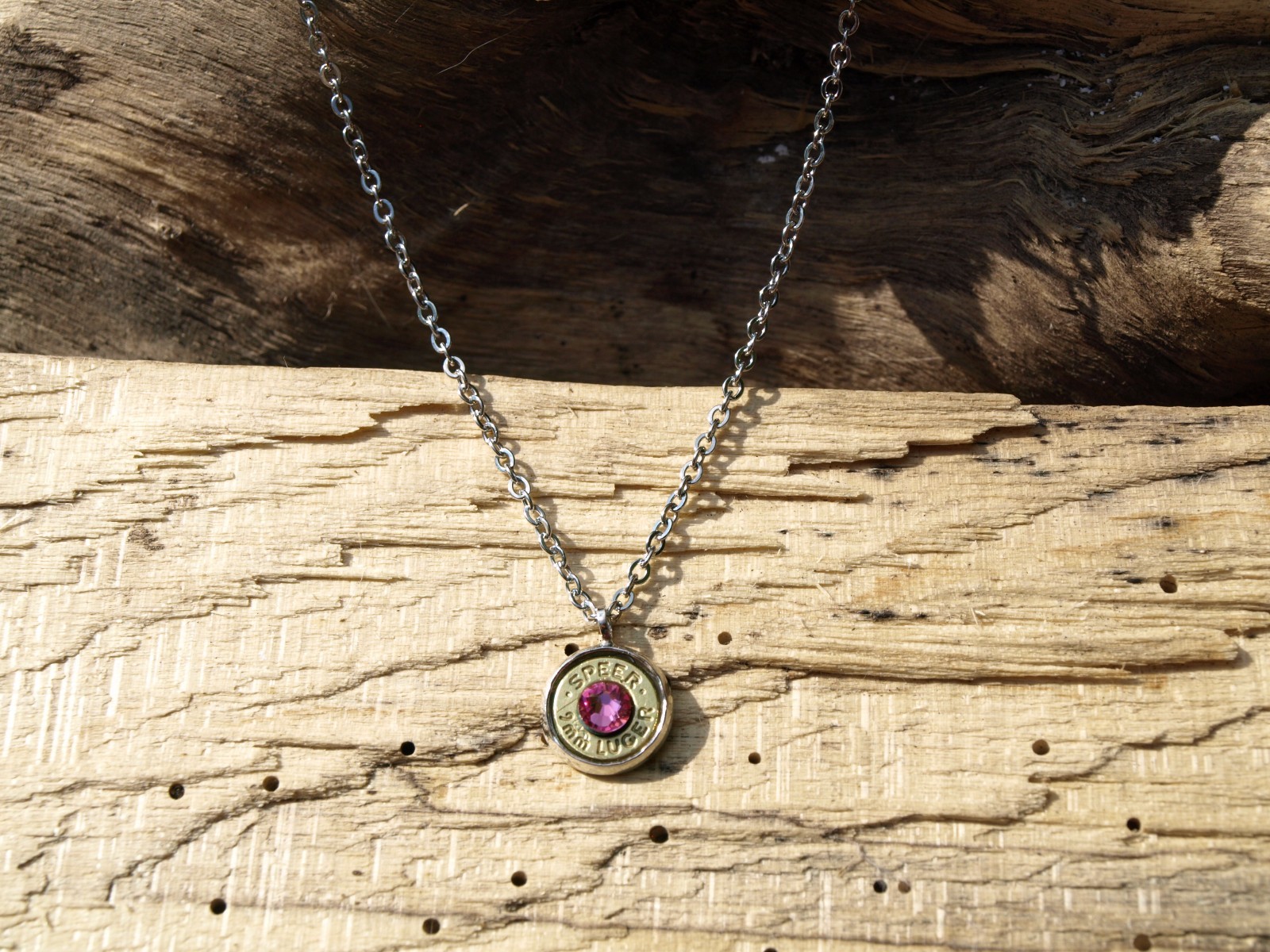 Handmade 9mm Bullet Necklace. Optional Glass Crystal