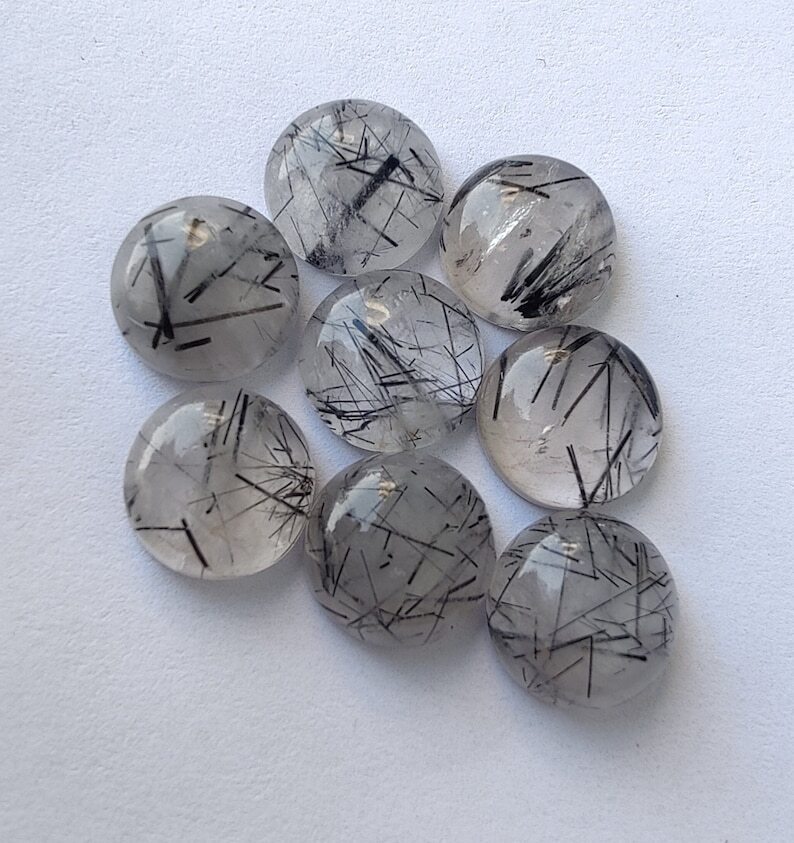 100% Natural Black Rutile Round Cabochon Loose Gemstone, Rutilated Quartz