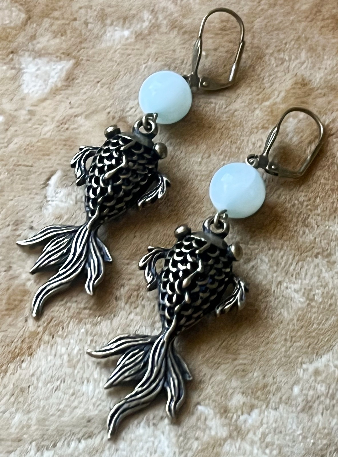 Koi Fish Earrings Long Filigree 3d Fish Green Moonstone Beads