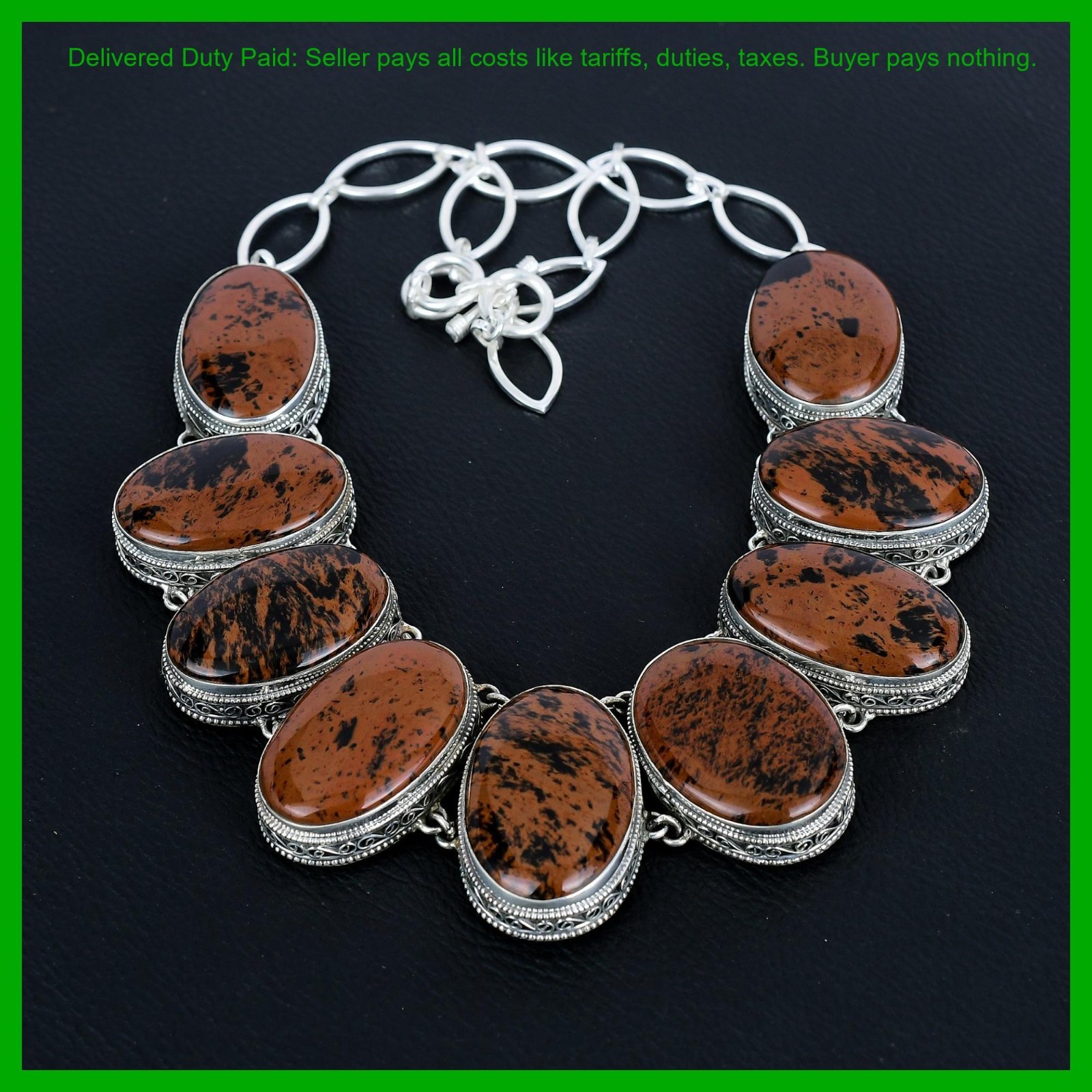 Sterling Silver Mahogany Obsidian Stone Chain New Vintage Bezel Necklace Jewelry