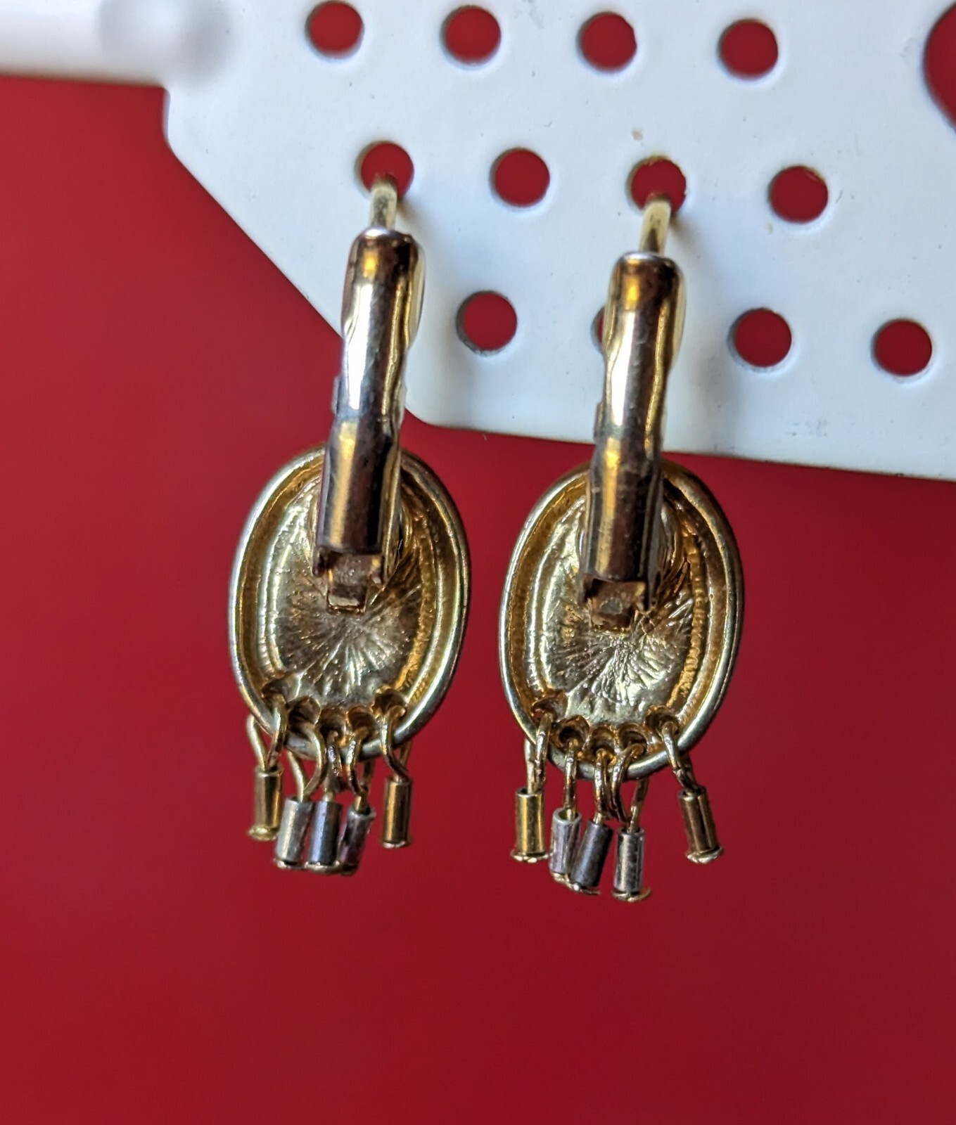 Tri Color Silver Gold Copper Tone Mosaic Barrel Fringe Dangle Drop Earrings