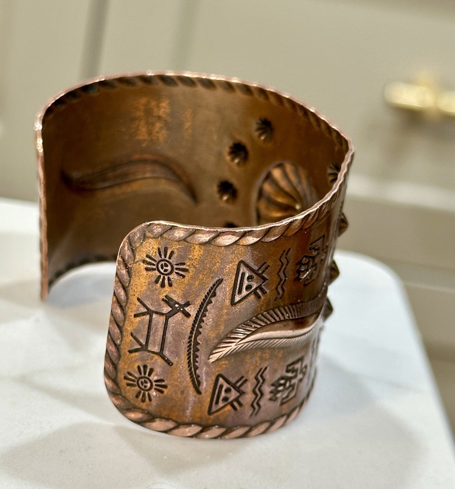 Fred Harvey Era/Native American Wide Copper Stamped Cuff/Bracelet. ~7”