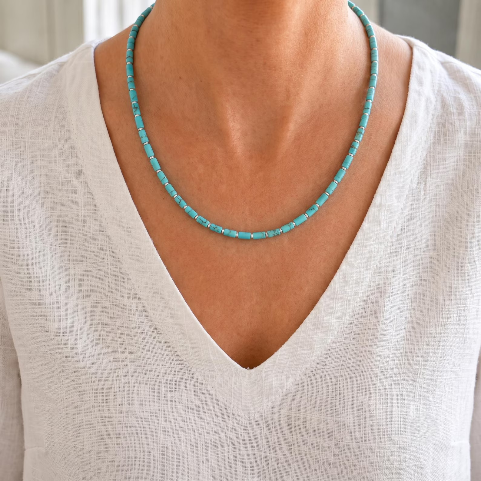 Arizona Turquoise Necklace | 4x6mm Blue Gemstone Beads | Sterling Silver, Unisex