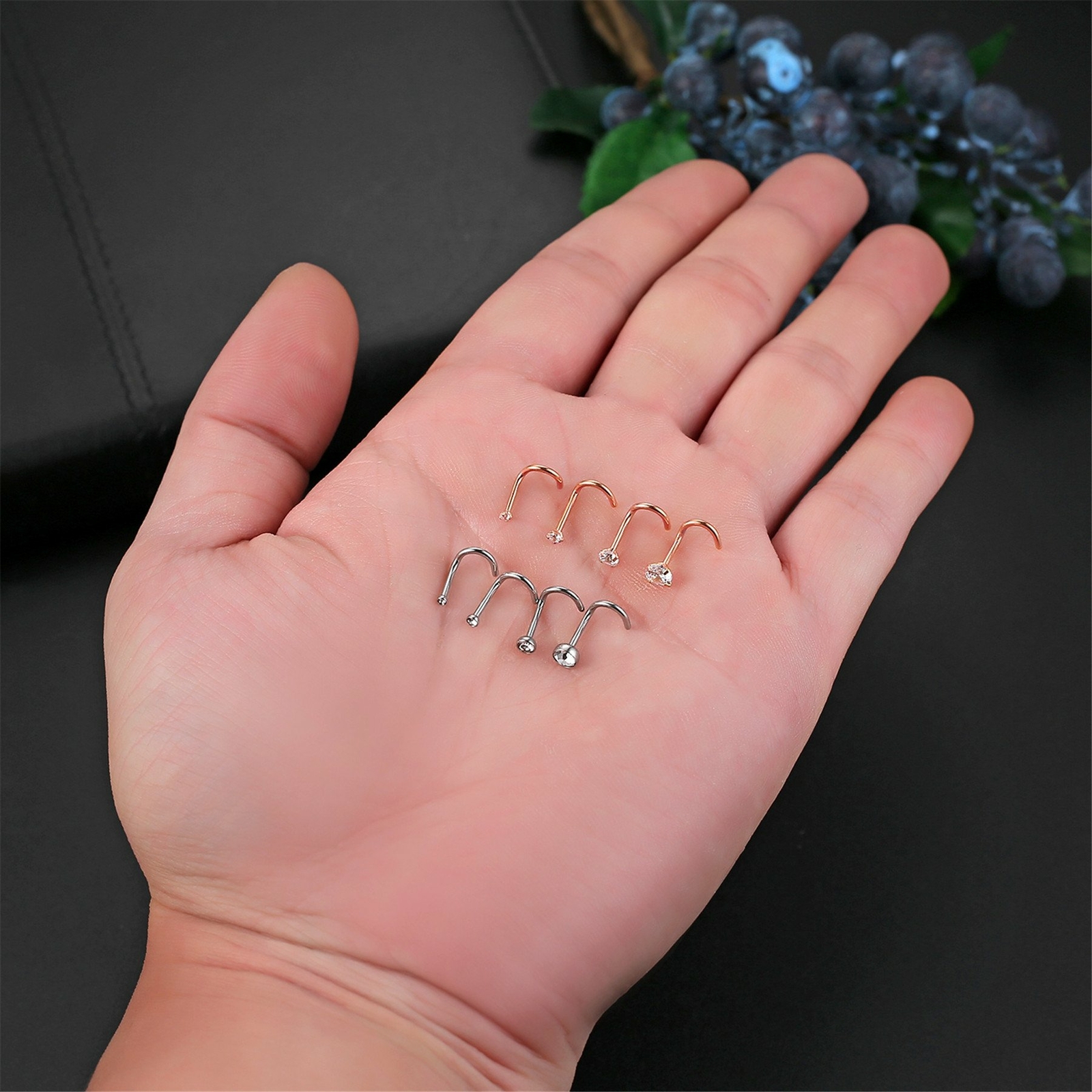 8pcs 18G Surgical Steel Round CZ L-Shaped Nose Screw Studs Rings Body Piercing