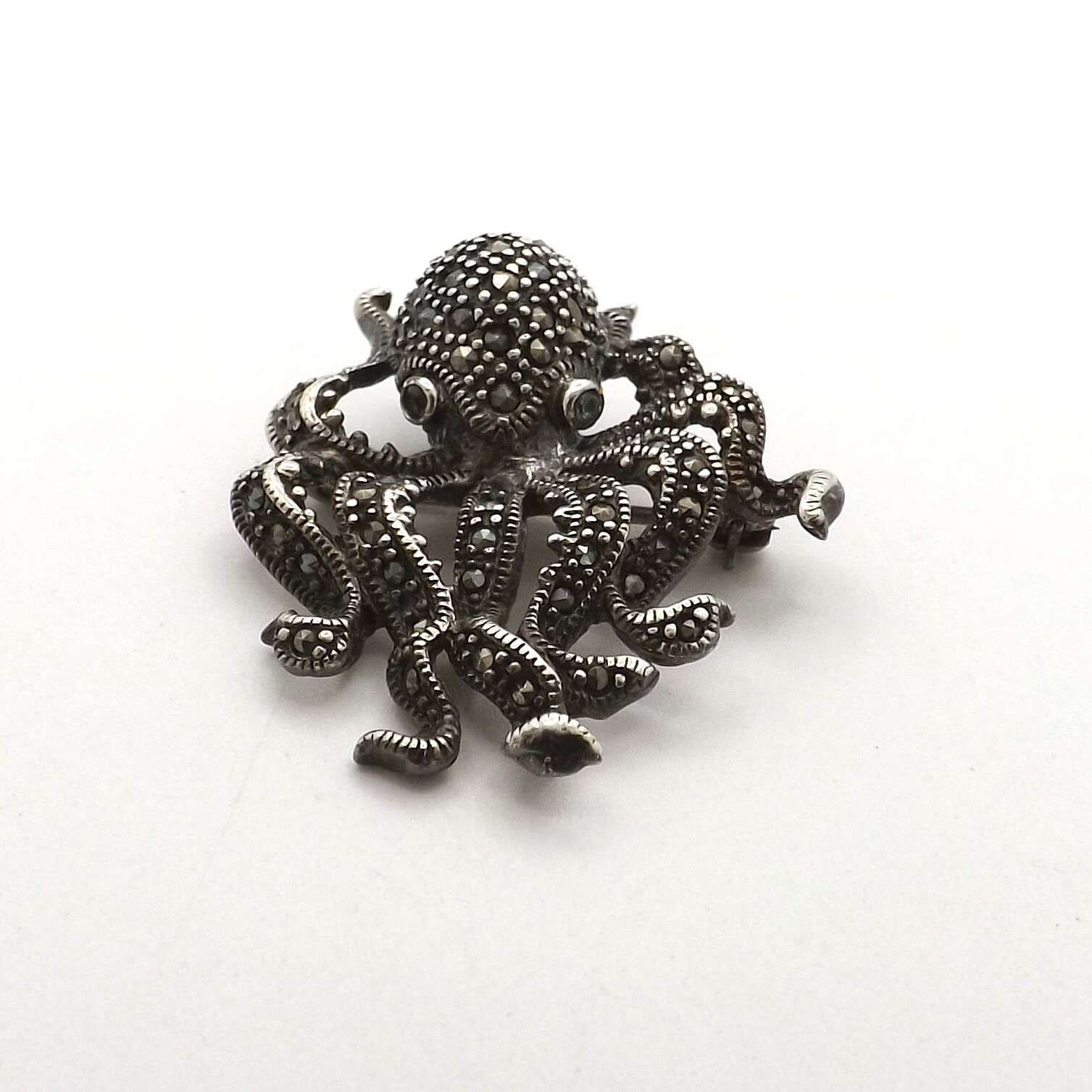 Sterling Silver Marcasite Octopus Kraken Aquamarine Eyes Brooch Pin Vintage