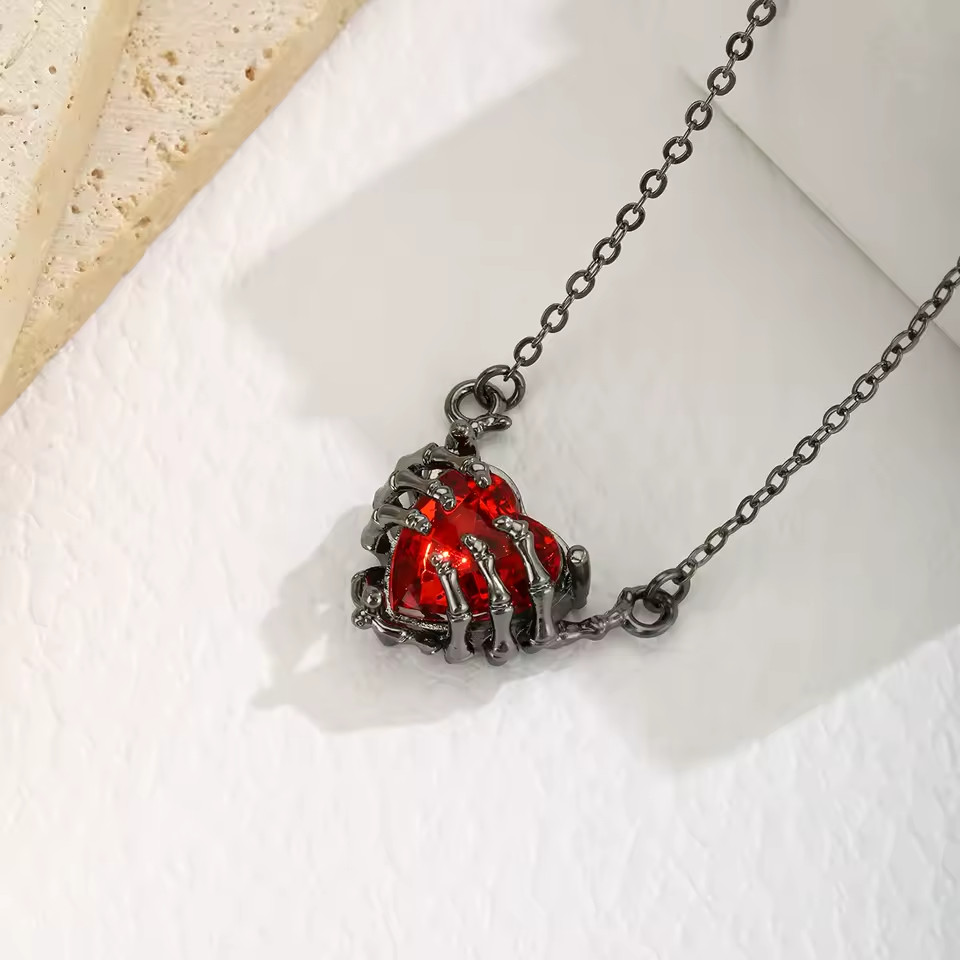 Gothic Bone Hands Heart Pendant Necklace Dark Fantasy Women Jewelry