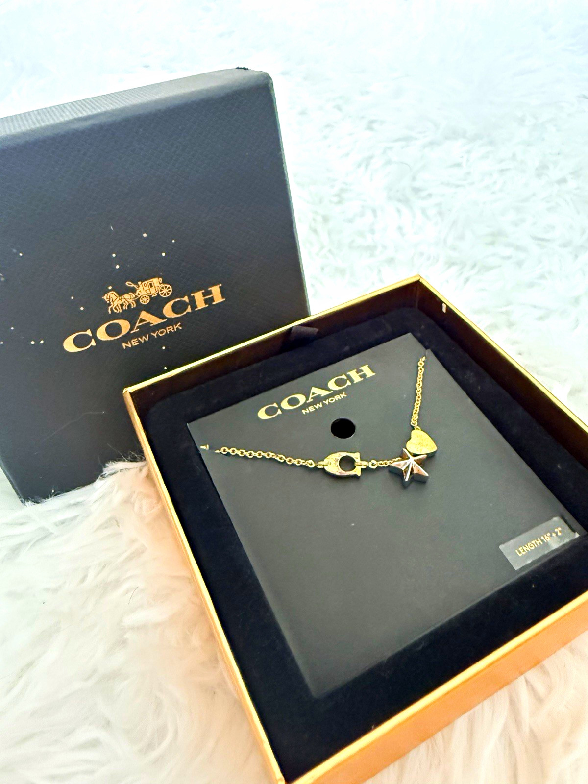 Coach Gold Tone Cable Chain Necklace Heart Star & C Charms Adjustable 16 in