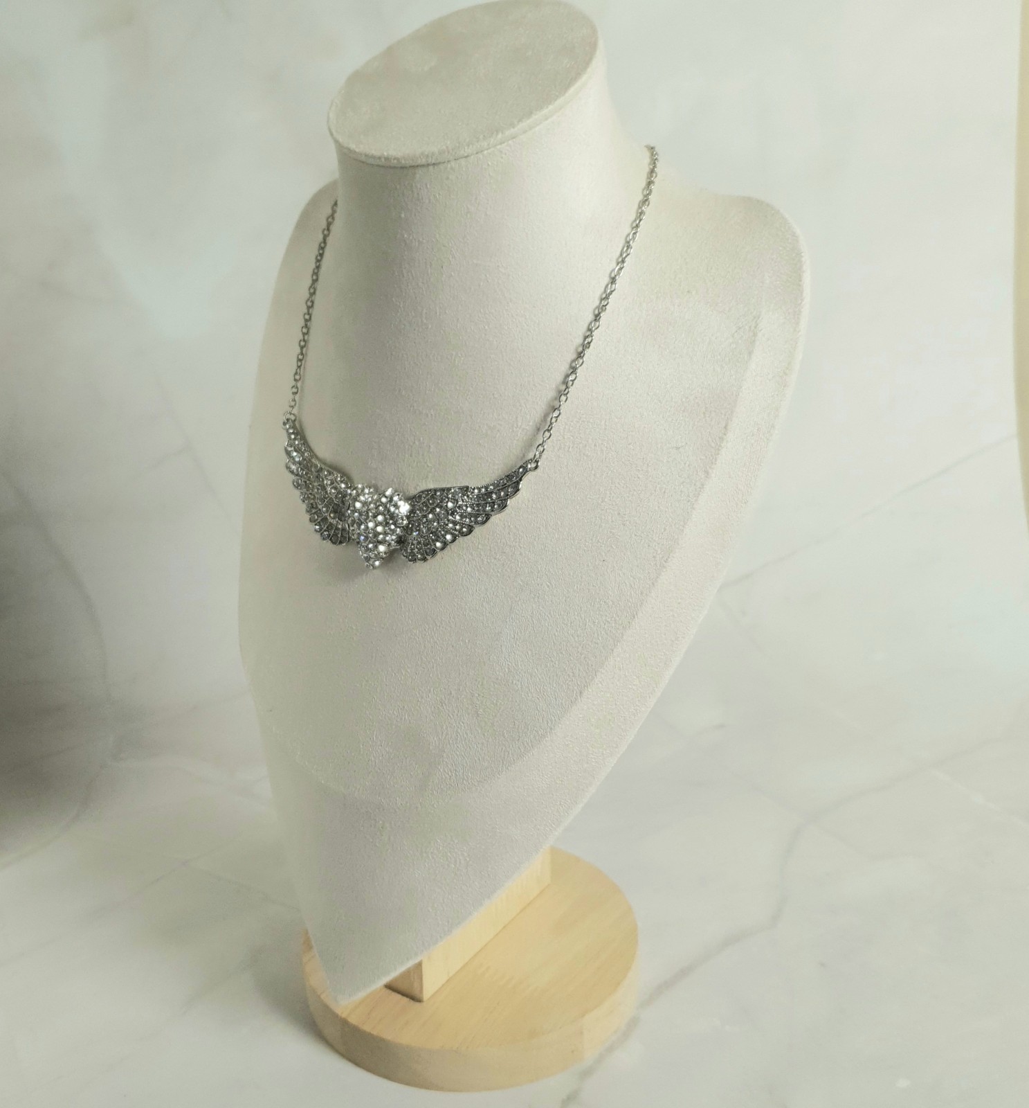 Mikey Crystal Angel Wings Heart Necklace Silver Tone Statement New Unworn Gift