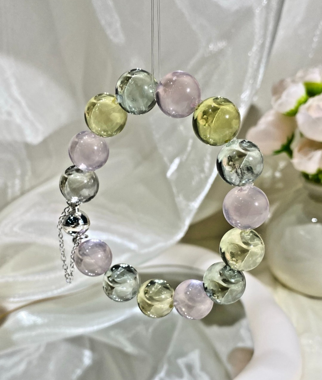 LUSA FEELA Natural Fluorite Citrine Beaded Stretch Bracelet Gift Box
