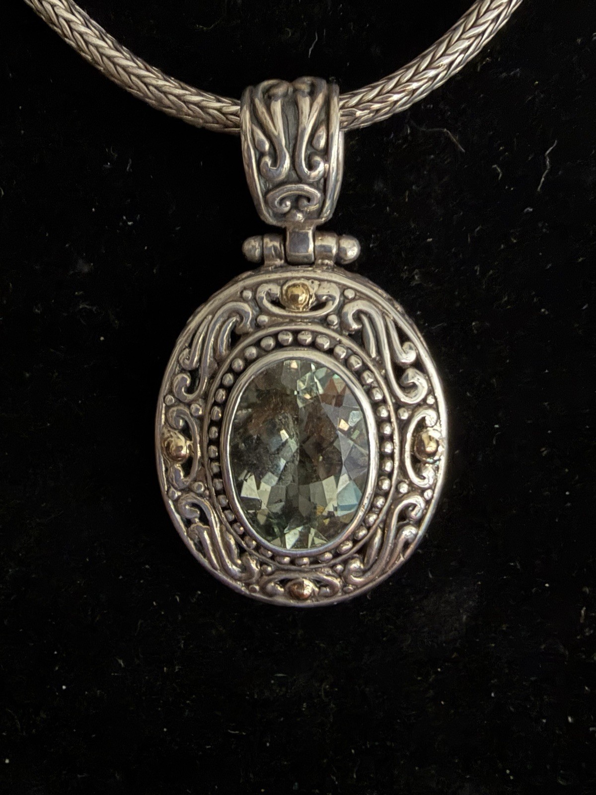 Indo 925 Sterling Silver & 18K Gold Oval Green Amethyst Pendant 18in