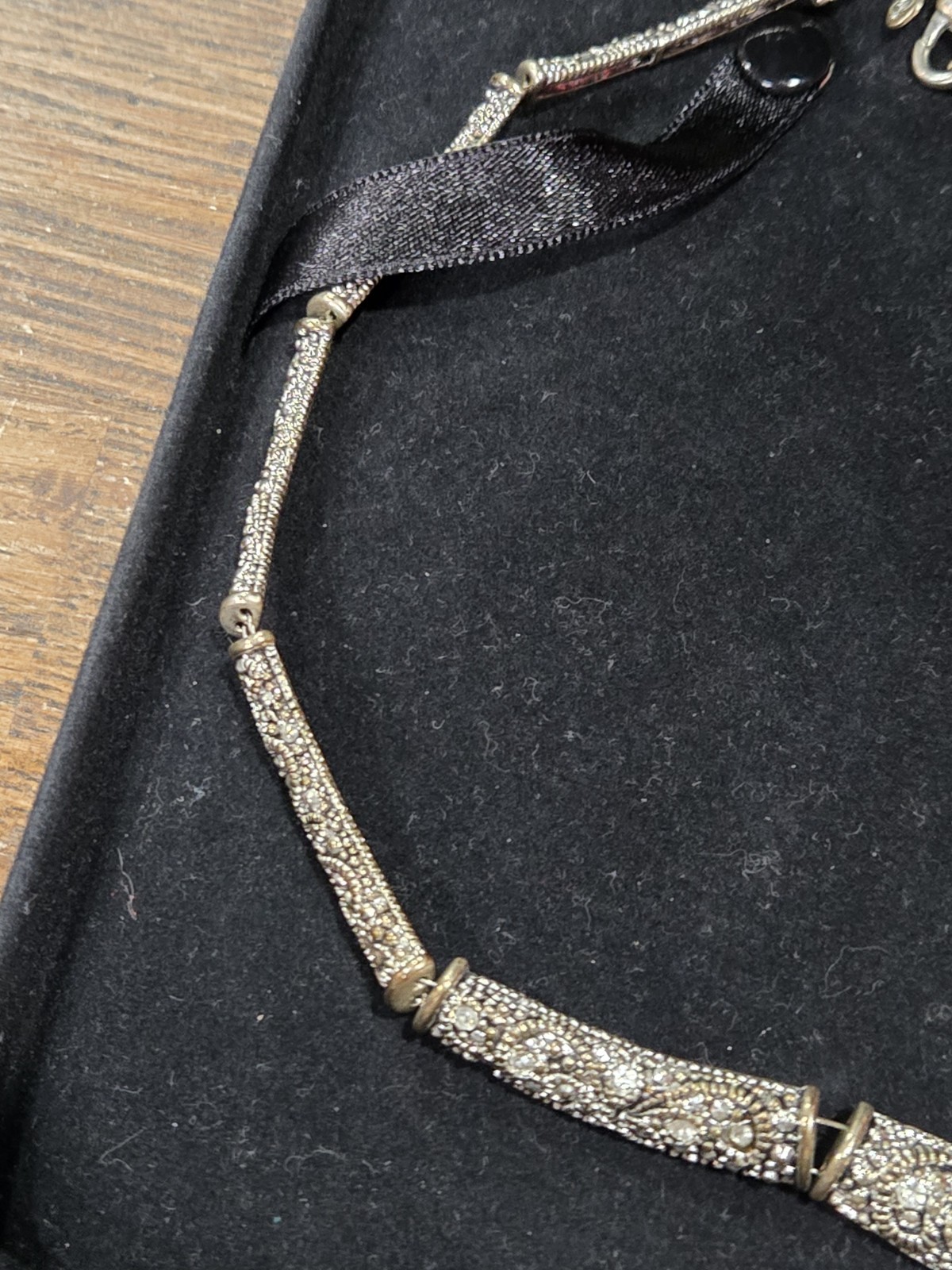 Chico’s Antique Silver Tone Marcasite Rhinestone Collar Choker Necklace Ribbon