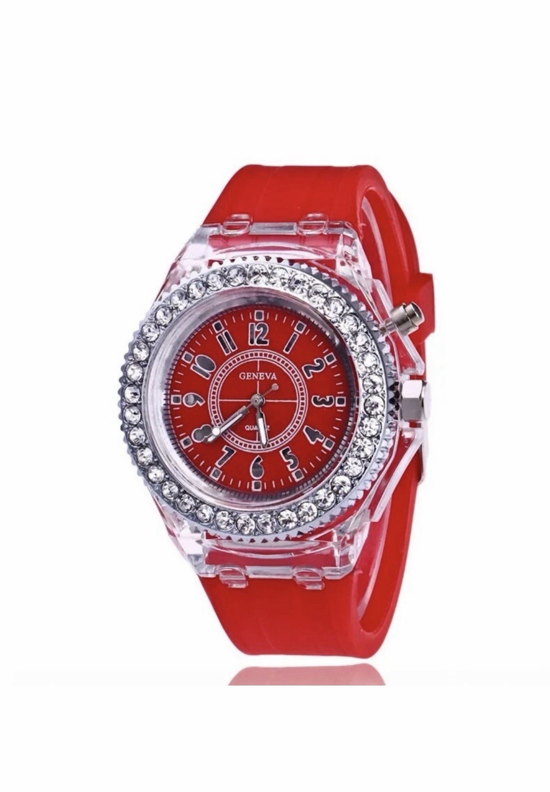 Geneva Quartz Analog Wristwatch Rhinestone Bezel Purple/Red Silicone Strap