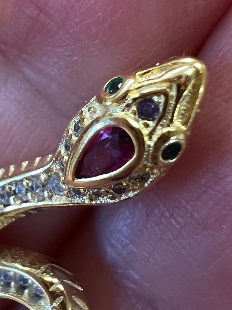 REAL Diamond Ruby Snake Earrings 14K Gold on SOLID 925 Victorian Egyptian Rev YG