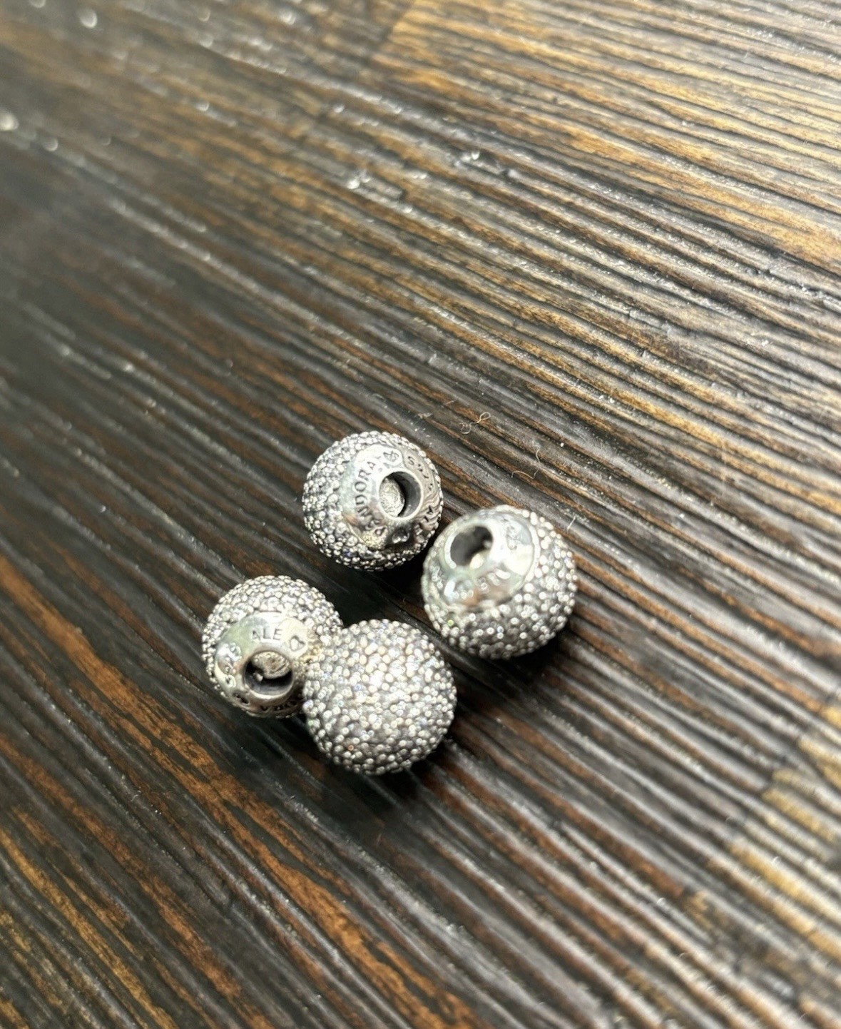 Name Brand S925 ALE Silver Pavé Round Large Hole Charm Beads CZ Lot of 4