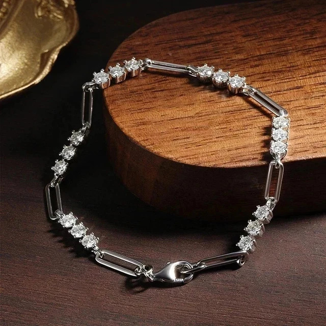 3mm Round Cut Moissanite Paper Clip 8″ Inch Women Bracelet 14K White Gold Plated