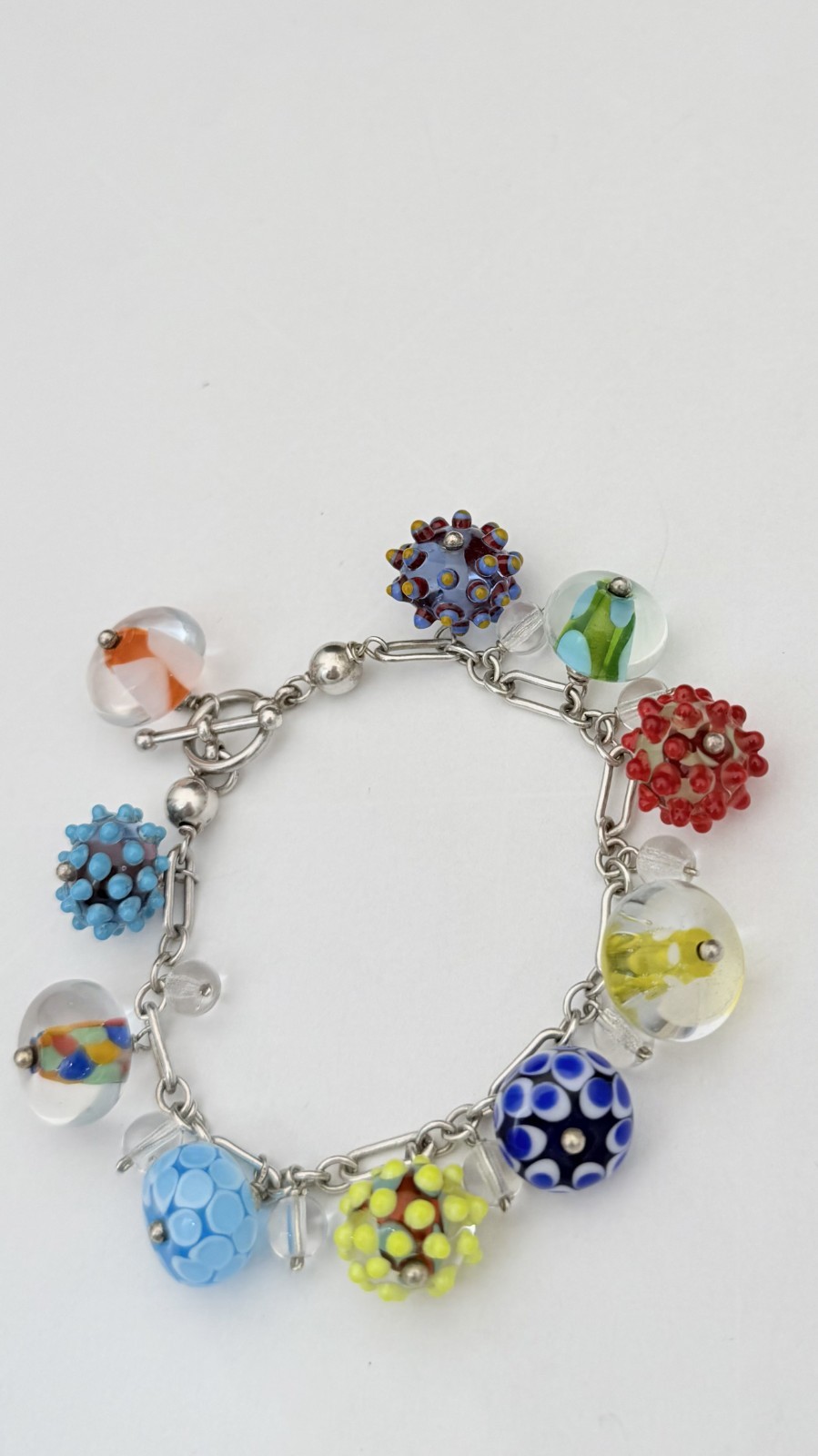 Sterling Silver Lampwork Glass Charm Bracelet 7.5” 35.4g Murano Style