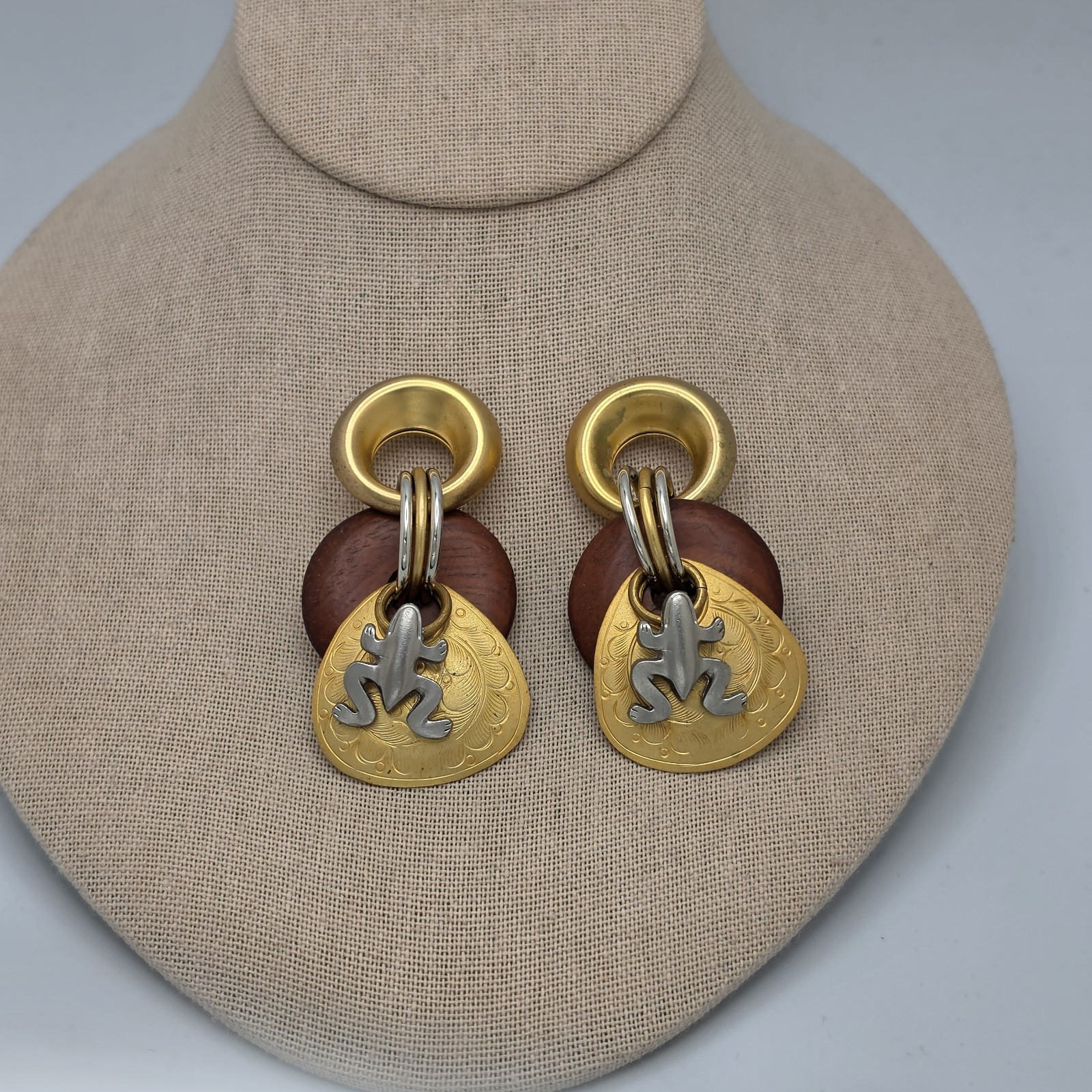 Boho Frog Earrings Mixed Media Statement Drop Gold Silver Tone Pierced 1 1/8″
