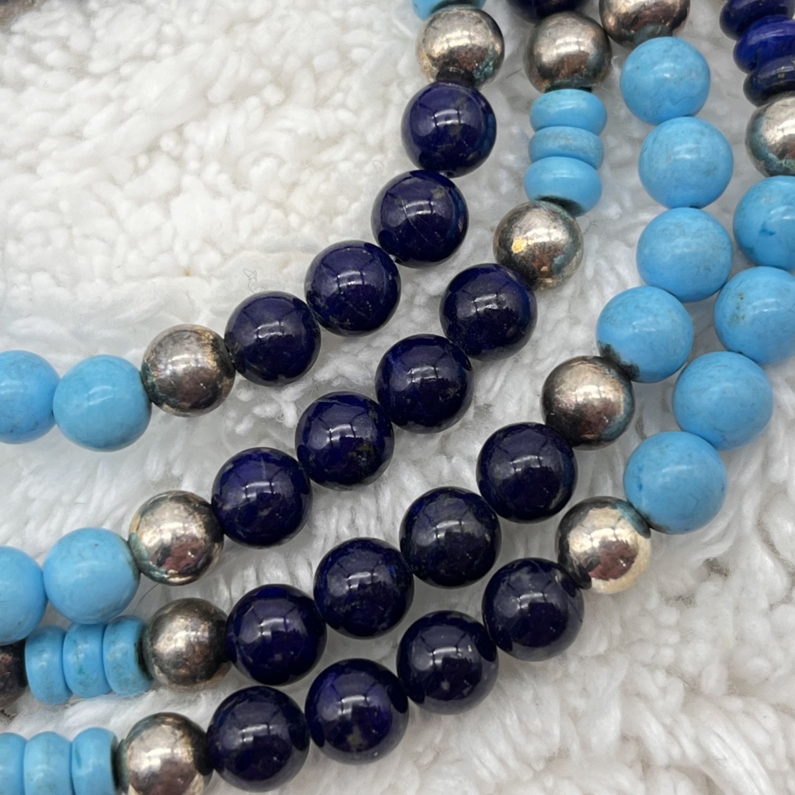 Southwestern Beaded Necklace Blue Black Stones Stamped 925 LONG READ 36″