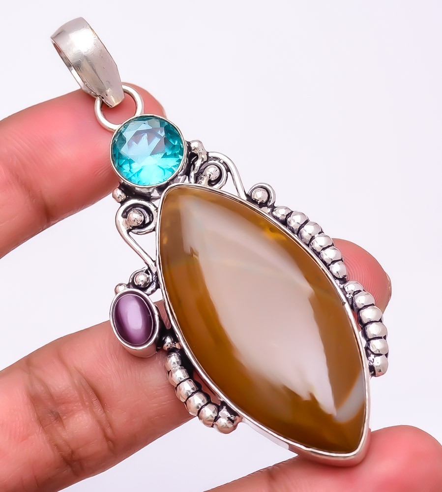 Polychrome Jasper & Blue Topaz & Cat’S Eye 925 Silver Plated Pendant 2.9″F589
