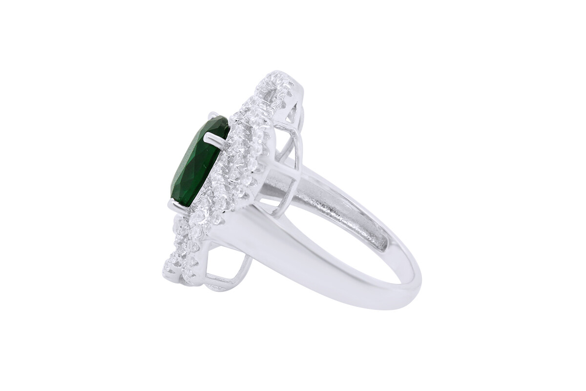 Emerald & CZ Flower Pendant Earrings Ring Set 14K White Gold Plated Silver