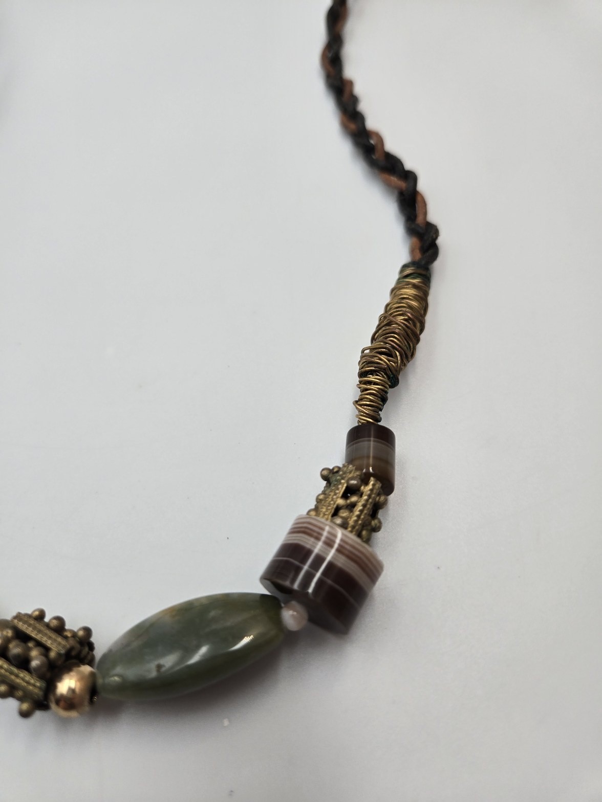 Boho Banded Agate style Brass color Beaded Braided Necklace western tribal 134