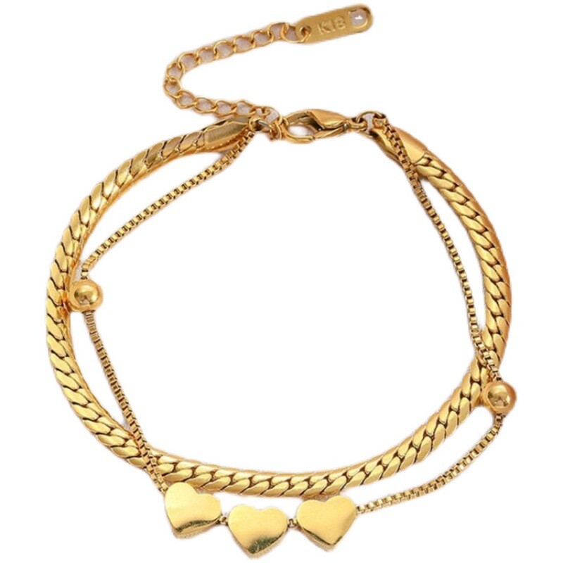 Woman 18K Gold Plated 2 Layers Curb Chain Heart Charm Beaded Bracelet Bangle