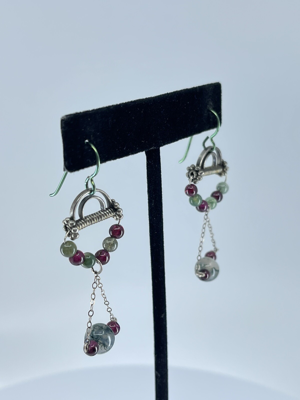 Sterling Silver Dangle pierced Earrings small lightweight round polished stones