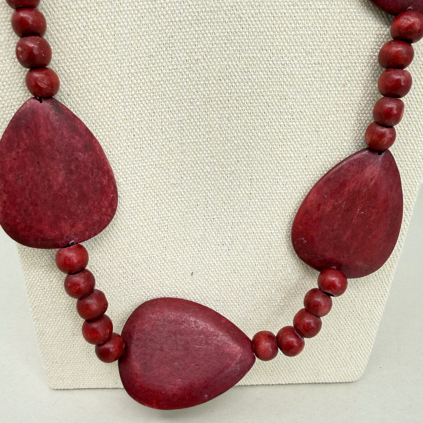 Wood Bead Long Necklace Teardrop Statement Boho Artsy Maroon Burgundy Red