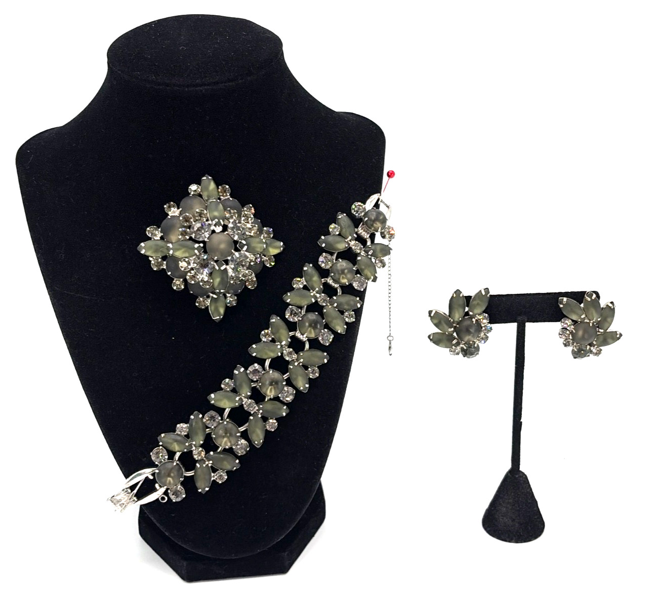 JULIANA Frosted Olive Green Navettes Set Bracelet Brooch Earring Ref# 1372, 6420